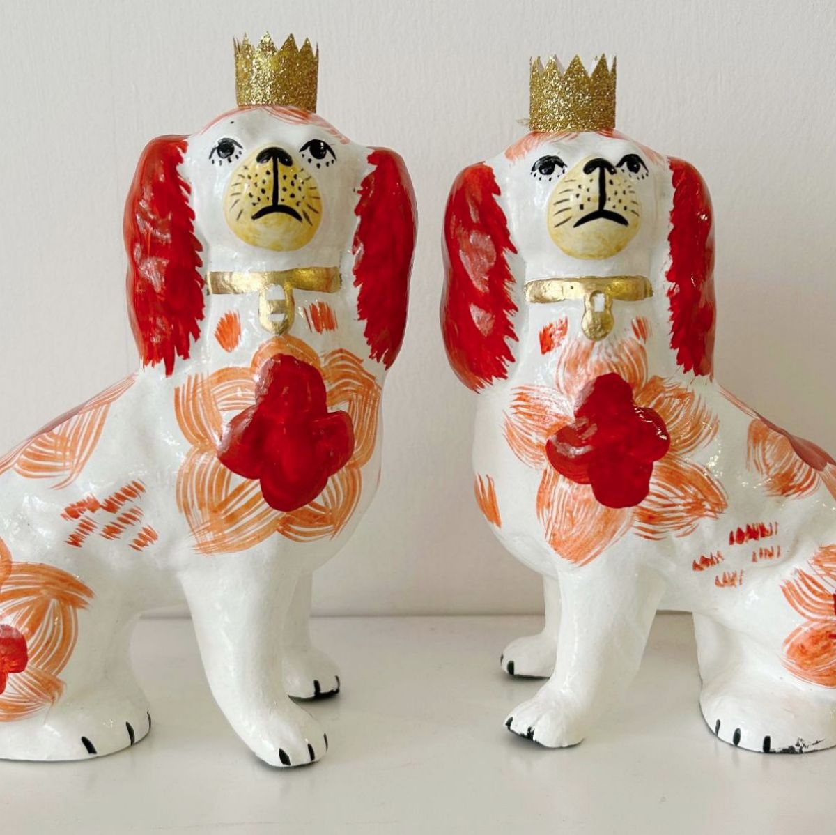 King Charles Spaniel Paper Mache Decorations wearing gold crowns