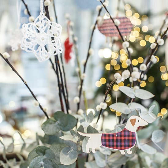 Dashing Dachshund Christmas Decoration Hanging From a pussywillow branch