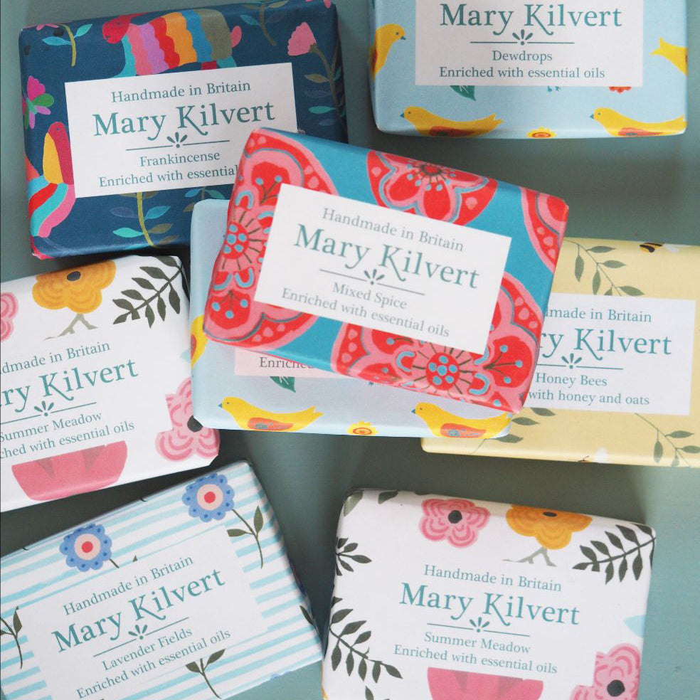 Handmade soaps in beautiful colourful packaging by Mary Kilvert