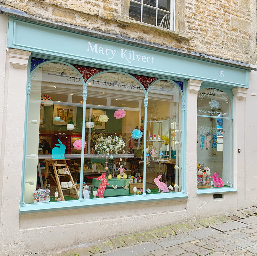 Mary Kilvert's Easter Window in her shop in Frome, Somerset