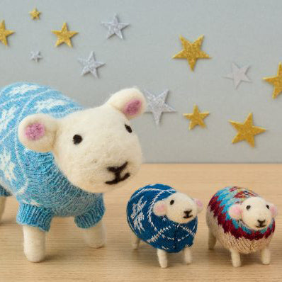 Mary Kilvert's hand felted sheep in knitted jumpers