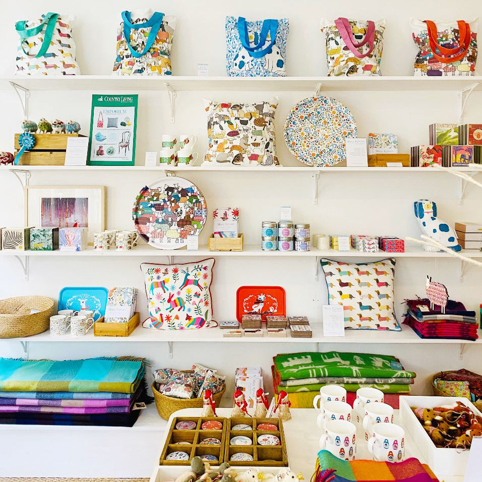 Mary Kilvert's homewares displayed on shelves in her shop in Frome