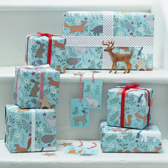 Presents wrapped with Mary Kilvert's Winter Woodland Gift Wrap